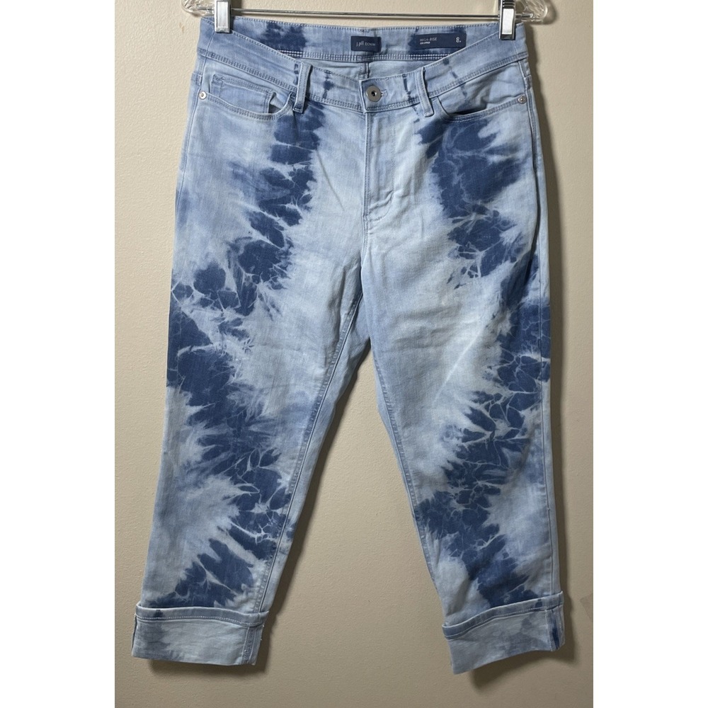 J. Jill Tie Dye Jeans Women's 8 P High Rise‎ Cropped Rolled Cuff Blue & White
